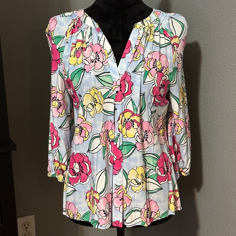 Crown &‎ Ivy Blouse Medium Floral Peasant V Neck Rayon Boho Cottagecore Top